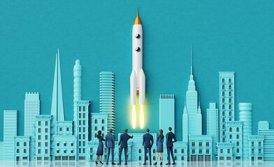 Wall Mural - Business people watching a successful rocket launch in the City, new business, new company startup concept