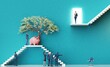 Businessman introducing a new startup in finance service  to investor. Business environment concept with stairs, tree, money pig and open door. 3D rendering