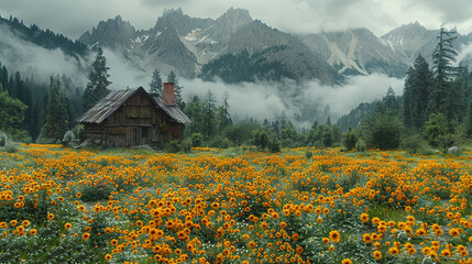Wall Mural -  A house nestled amidst a sea of wildflowers, framed by majestic mountains and kissed by cloudy skies
