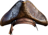 Brown leather pirate hat with skull and crossbones emblem cut out on transparent background