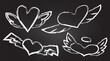 Chalk heart icon. Angel love with wing hand drawn illustration isolated on black grunge chalkboard background. Doodle crayon symbol for valentine day. Outline flying amor white sign shape for marriage