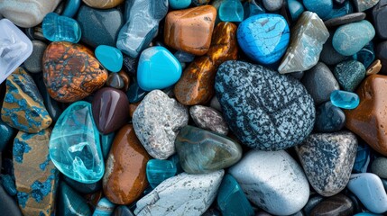 Detailed aerial view of a collection of polished stones and bright blue sea glass on a beach, highlighting natural textures and colors