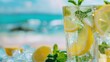 Lemonade and mojito close up. Summer cocktails with blur sea on background. Vacation concept