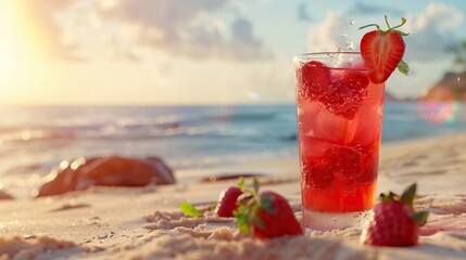 Wall Mural - Strawberry cocktail on beach background.