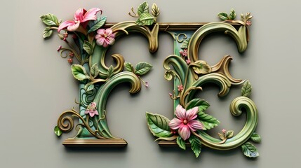 3d medieval and nouveau style alphabet letter collection: decorative letter 'e' adorned with intricate flowers and leaves - unique typography illustration for design projects