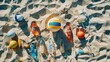 A row of glass bottles, azure balls, and paddles lay scattered on the sandy beach, creating a beautiful art display in harmony with the natural environment AIG50