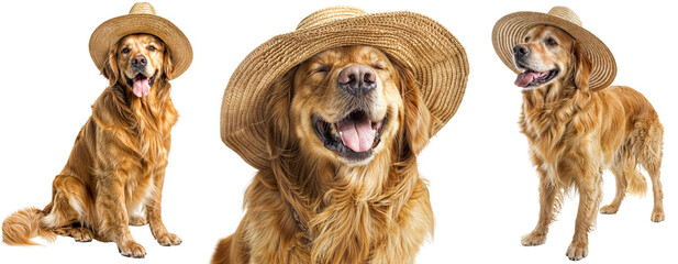 Wall Mural - Collection of happy golden retriever dogs wearing a sunhat, sitting, portrait and standing, isolated on a white background
