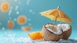 © growth.ai - coconut fruits shaped as beach elements with a sun umbrella, set against a minimalist, isolated background.ropical beach concept with summery and unique