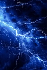 Wall Mural - Lightning bolt or electric thunderbolt strikes in a stormy and cloudy blue night sky isolated on a dark background. Generative AI.