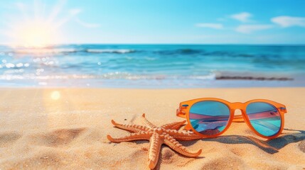 Poster -   A pair of sunglasses atop a sun-kissed beach, near an orange starfish – sunny day