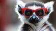   A tight shot of a lemur wearing red sunglasses, hazy background