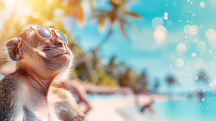 Poster -   A monkey, wearing sunglasses, sits closely, facing palm-studded beachfront and a tranquil body of water behind