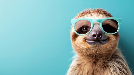 Poster -   A brown-and-white sloth wears blue sunglasses; background is a blue wall