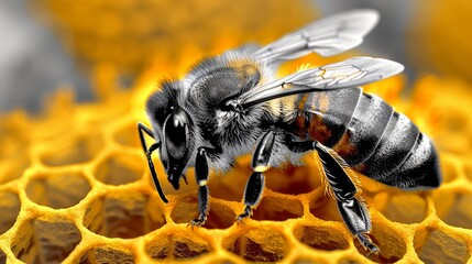 Wall Mural -   A tight shot of a bee on a hive, with honeycombs in the near view against a sunlit yellow backdrop