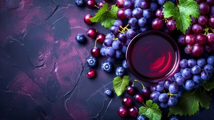 Poster -   A glass of wine next to a cluster of grapes and a bundle of green leaves on a black tabletop