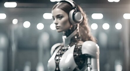 Wall Mural - Elegant female robot in smooth motion Beautiful fiction robotic model looking at the camera Enjoy the music wearing headphones Flowing isolated on black background Fashion techno visuals concept