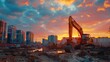 An industrial excavator works on building a new real estate development in a city construction scene in the evening when it is sunny