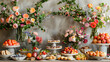 Photo realistic Mothers Day brunch setup concept featuring beautifully decorated table with variety of foods and floral arrangements