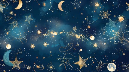 Wall Mural - celestial dreamscape: stars, moons, and cosmic patterns background