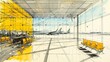 Hand-drawn modern airport in black and yellow fineliner pen. Ample space for accompanying text