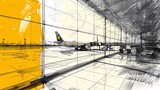 Fototapeta  - Hand-drawn modern airport in black and yellow fineliner pen. Ample space for accompanying text