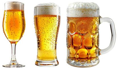 Fresh cool beer bundle in different glass types, isolated on a transparent background