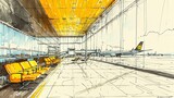 Fototapeta  - Hand-drawn modern airport in black and yellow fineliner pen. Ample space for accompanying text