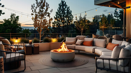 Wall Mural - Elegant outdoor terrace with modern furniture and warm fire pit under evening lights AI