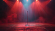 stage with a red background light with a mic stand in the middle and smoke effects