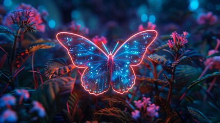Wall Mural - vibrant neon butterfly fluttering in the night: luminous wings illuminated against dark background, 