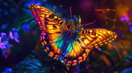 Wall Mural - vibrant neon butterfly fluttering in the night: luminous wings illuminated against dark background, 