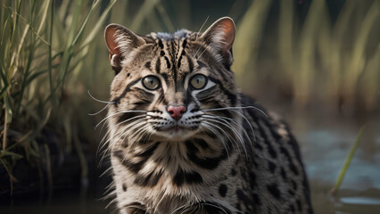 Canvas Print - cat that is sitting in the water looking at the camera, 