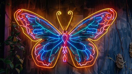 Wall Mural - vibrant neon butterfly fluttering in the night: luminous wings illuminated against dark background, 