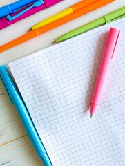 Fototapete - A notepad sits open, a pen and pencil resting on top. The tools of creativity present a blank canvas for new ideas to take shape. Generative AI