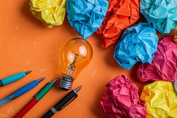 Aufkleber - A bright light bulb sits atop a mound of crumpled paper, symbolizing a spark of creative ideas amid brainstorming and planning for financial projects and startups. Generative AI