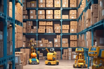 Warehouse environment with concept of logistics as artificial intelligence robots meticulously organize parcels for shipping at a busy transport station.