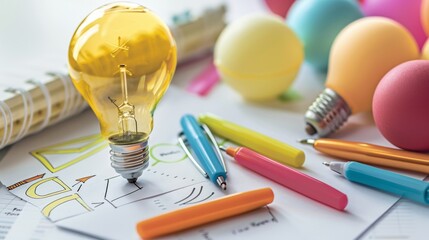 Poster - A bright yellow light bulb stands out on top of a table, radiating creativity and innovation in a setting surrounded by creative ideas, paper sheets, and planning pens. Generative AI