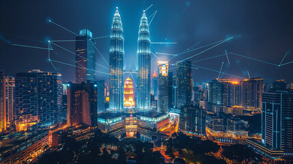 Sticker - Digital network connection lines of Kuala Lumpur Downtown, Malaysia. Financial district and business centers in smart city in technology concept. Skyscraper and high-rise buildings at night.