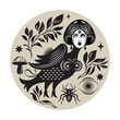 Black and white illustration on the theme of mystic and esoteric. The mythical bird with woman face and branches