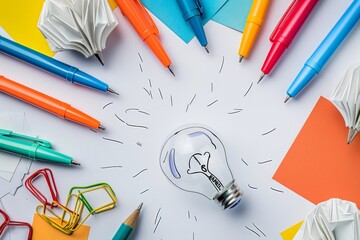 Poster - A glowing light bulb stands out amidst a collection of office supplies like pens, paper, and a planner, symbolizing the spark of creativity in financial planning and investment projects. Generative AI