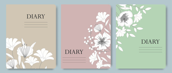 A set of diary cover templates with hand drawn floral design. Abstract retro botanical background, for school notebooks, planners, brochures, books, catalogs, covers.