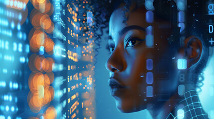 AI cyber security threat illustration, african american female IT specialist analysing data information technology, augmented reality artificial intelligence blue collage, matrix numbers, copy space A
