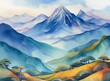 Watercolor mountain background. Luxurious mountainous terrain in oriental style. Wallpaper
