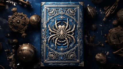 A beautiful and intricate book cover with a golden crab in the center