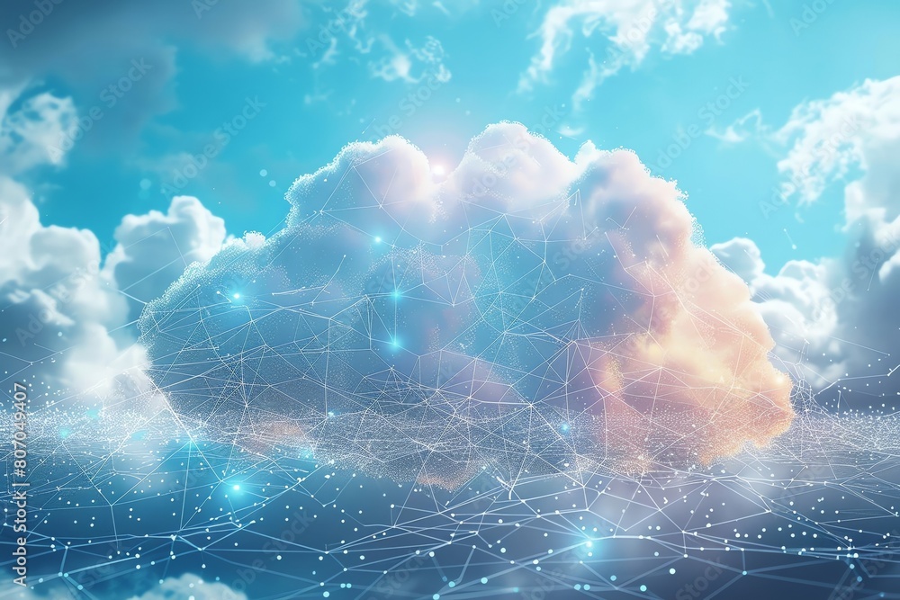 Futuristic cloud network, wideangle, in a web of digital lines ...