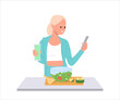 Young woman cartoon character cooking healthy food and cocktail using video tutorial in smartphone
