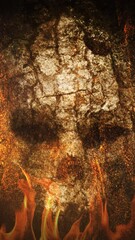 Wall Mural - vertical ancient skull wall in hell 4k loop features an old wall with a skull face carved into the r