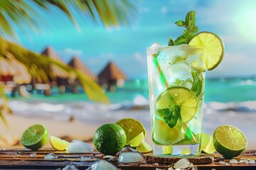 Wall Mural -  Mojito drink on wood with blur beach background 