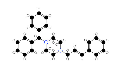 cinnarizine molecule, structural chemical formula, ball-and-stick model, isolated image antihistamin