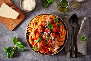 Wall Mural - spaghetti with meatballs and tomato sauce, italian pasta